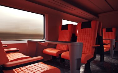 İç Birinci Sınıf Kabin Modern Speed Express Train.Empty Red Chairs Window.Rahat Koltuklar ve Masa İş Seyahat. 3d render. Yüksek Dokulu Sıra Malzemeleri. Hareket Bulanık Arka Plan.