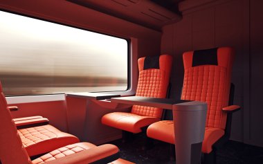 İç Birinci Sınıf Kabin Modern Speed Express Train.Nobody Red Chairs Window.Rahat Koltuklar ve Masa İş Seyahat. 3d render. Yüksek Dokulu Sıra Malzemeleri. Hareket Bulanıklığı Arka Planı.