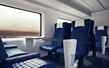 İç Birinci Sınıf Kabin Modern Speed Express Train.Empty Blue Chairs Window.Rahat Koltuklar ve Masa İş Seyahat. 3d render. Yüksek Dokulu Sıra Malzemeleri. Hareket Bulanık Arka Plan.