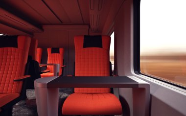 İç Birinci Sınıf Kabin Modern Speed Express Train.Nobody Red Chairs Window.Rahat Koltuklar ve Masa İş Seyahat. 3d render. Yüksek Dokulu Sıra Malzemeleri. Hareket Bulanık Arka Plan.