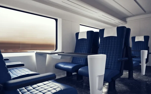 Intérieur Intérieur Première Classe Cabine Moderne Vitesse Express Train.Empty Blue Chaises Window.Comfortable Sièges et Table Voyage d'affaires. rendu 3D.Matériaux de rangée à haute texture. Motion arrière-plan flou . — Photo