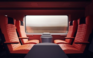 İç Birinci Sınıf Kabin Modern Speed Express Train.Nobody Red Chairs Window.Rahat Koltuk ve Masa İş Seyahat. 3d render. Yüksek Dokulu Sıra Malzemeleri. Hareket Bulanık Arka Plan.