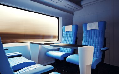 İç Birinci Sınıf Kabin Modern Speed Express Train.Nobody Deri Sandalyeler Pencere.Konforlu Koltuklar ve Masa İş Seyahat. 3d render. Yüksek Dokulu Sıra Malzemeleri. Hareket Bulanıklığı Arka Planı.