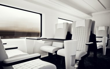 İç İç First Class Kabin Modern Hızlı Ekspres Tren.Nobody Beyaz Deri Sandalye Pencere.Konforlu Koltuk Masa İş Seyahat.3d render. Yüksek Dokulu Satır Malzemesi.Hareket Bulanıklığı Arka Plan.
