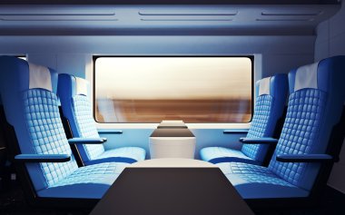 İç Birinci Sınıf Kabin Modern Speed Express Tren.Nobody Deri Sandalyeler Pencere.Konforlu Koltuklar Masa İş Seyahat. 3d render. Yüksek Dokulu Sıra Malzemeleri.Hareket Bulanık Arka Plan.