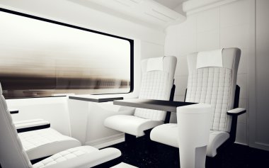 İç İç Vip Class Kabin Modern Hızlı Ekspres Tren.Nobody Beyaz Deri Sandalye Pencere.Konforlu Koltuk Masa İş Seyahat.3d render. Yüksek Dokulu Satır Malzemesi.Hareket Bulanıklığı Arka Plan.
