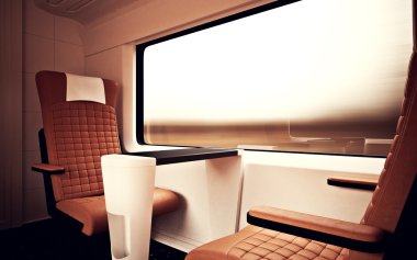 İç Birinci Sınıf Kabin Modern Speed Express Train.Nobody Brown Sandalyeler Pencere.Comfort Koltuklar ve Masa İş Seyahat. 3d render. Yüksek Dokulu Sıra Malzemeleri. Hareket Bulanık Arka Plan.