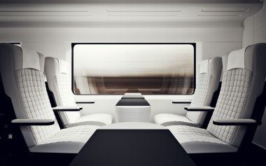 İç Lüks Sınıf Kabin Modern Hızlı Ekspres Tren.Nobody Beyaz Deri Sandalye Pencere.Konforlu Koltuk Masa İş Seyahat.3d render. Yüksek Dokulu Satır Malzemesi.Hareket Bulanıklığı Arka Plan.
