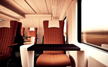İç Birinci Sınıf Kabin Modern Speed Express Train.Nobody Brown Sandalyeler Pencere.Konforlu Koltuk ve Masa İş Seyahat. 3d render. Yüksek Dokulu Sıra Malzemeleri. Hareket Bulanık Arka Plan.