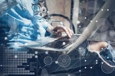 Woman Typing Keyboard Laptop Hand.Project Manager Researching Process.Business Team Working Startup modern Office.Global Strategy Virtual Icon.Innovation Graphs Interfaces.Analyze market stock.Blurre