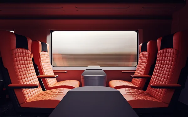 Interior Inside First Class Cabin Modern Speed Express Train.Nobody Red Chairs Window.Comfortable Seat and Table Business Travel. 3D rendering.High Textured Row Materials. Motion Blurred Background. — Stock Photo, Image