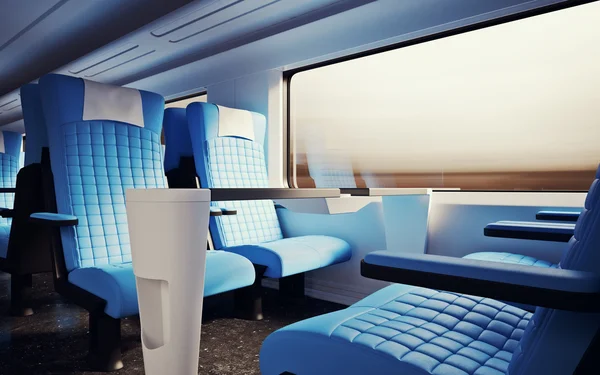 Interior Inside First Class Cabin Modern Speed Express Train.Nobody Leather Chairs Window.Comfortable Seats Table Business Travel. 3D rendering.High Textured Row Material. Motion Blurred Background. — Stock Photo, Image