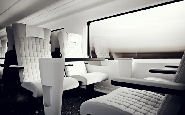 Interiör inuti privat klass hytt modern snabb Express tåg. ingen vit läder stol fönster. bekväm sittplats bord affärsresor. 3D-rendering. Hög strukturerad rad material. rörelseoskärpa bakgrund. — Stockfoto