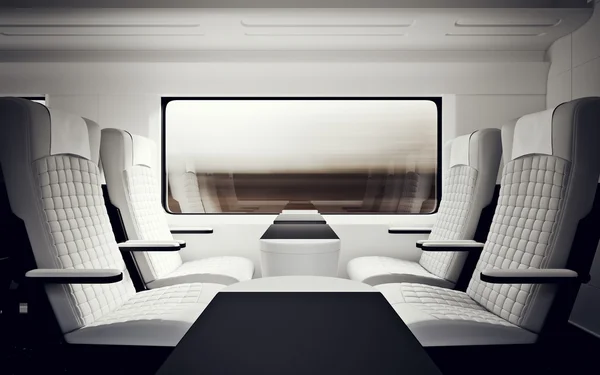 Interiör inne lyxklass stuga modern snabb Express tåg. ingen vit läder stol fönster. bekväm sittplats bord affärsresor. 3D-rendering. Hög strukturerad rad material. rörelseoskärpa bakgrund. — Stockfoto