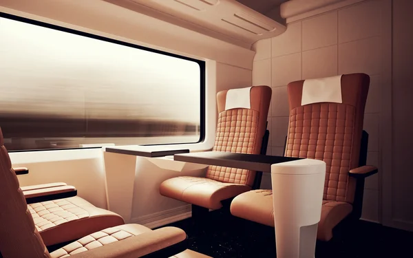 Interior Inside First Class Cabin Modern Speed Express Train.Nobody Brown Chairs Window.Comfortable Seats and Table Business Travel. 3D rendering.High Textured Row Materials. Motion Blur Background. — Stock Photo, Image