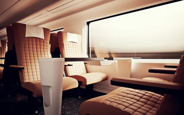 Interior Inside First Class Cabin Modern Speed Express Train.Nobody Brown Chairs Window.Comfortable Seats and Table Business Travel. 3D rendering.High Textured Row Material. Motion Blurred Background. — Stock Photo, Image