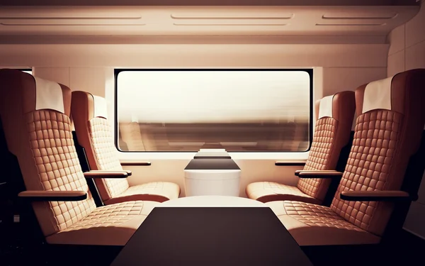 Interiör inuti förstklassig kabin modern Speed Express-tåget. ingen bruna stolar fönster. bekväm plats och bords affärsresor. 3D-rendering. Hög strukturerad rad material. Rörelse suddig bakgrund. — Stockfoto