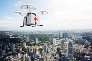 Fotoğraf Beyaz Genel Tasarım Uzaktan Kumanda Hava Drone Uçan Gökyüzü Tıbbi Kutu Kentsel Yüzey altında.Modern Şehir Arka Plan.Ambulance Hızlı Teslimat.Yatay, Sol Yan Açı View.Film Effect.3d render.