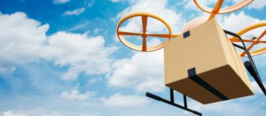 Fotoğraf Sarı Genel Tasarım Modern Uzaktan Kumanda Hava Drone Uçan Boş Craft Box Kentsel Yüzey altında.Blue Sky Clouds Background.Express Hızlı Teslimat Servisi.Wide,Angle View.Film Effect 3d render
