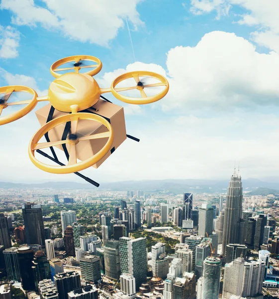Photo Yellow Generic Design Remote Control Air Drone Flying Sky Empty Craft Box Under Urban Surface.Modern City Background.Global Logistic Express Delivery.Square,Top Angle View.3D rendering. — Stock Photo, Image