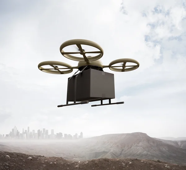 Photo Military Color Generic Design Remote Control Air Drone Flying Sky Blank Black Box Under Earth Surface.Modern City Background.Global Logistic Express Delivery.Square,Front Angle View 3D rendering — Stock Photo, Image