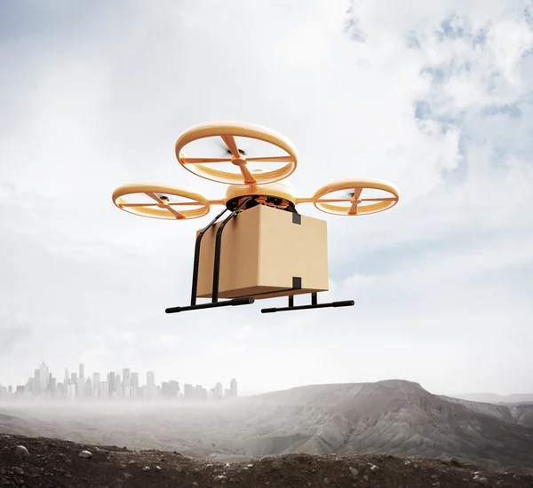 Photo Yellow Color Generic Design Remote Control Air Drone Flying Sky Blank Craft Box Under Earth Surface.Modern City Background.Global Logistic Express Delivery.Square,Front Side View 3D rendering — Stock Photo, Image