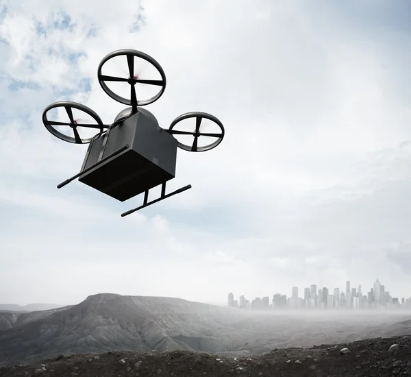 Photo Carbon Material Generic Design Remote Control Air Drone Flying Blank Black Box Under Earth Surface.Modern City Background.Global Logistic Express Delivery.Square,Bottom Angle View 3D rendering — Stock Photo, Image