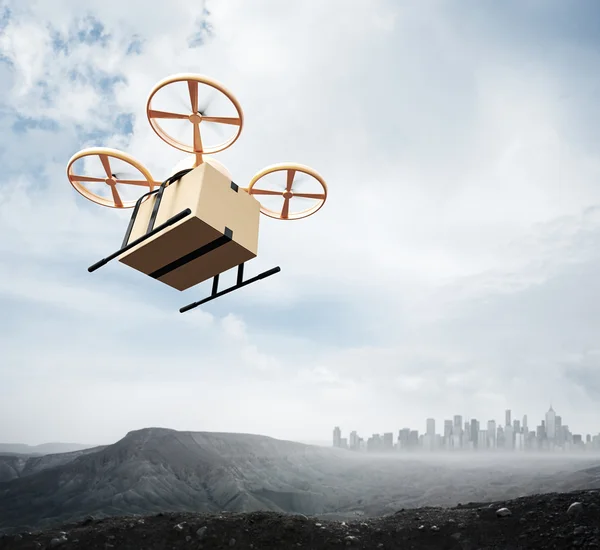 Photo Yellow Color Generic Design Remote Control Air Drone Flying Sky Blank Craft Box Under Earth Surface.Modern City Background.Global Logistic Express Delivery.Square,Bottom Angle View 3D rendering — Stock Photo, Image