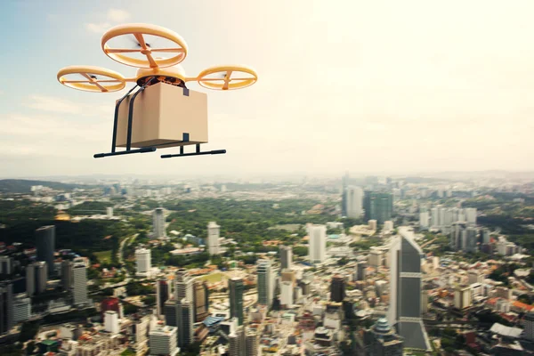 Photo Yellow Generic Design Remote Control Air Drone Flying Sky Empty Craft Box Under Urban Surface.Modern City Background.Post Fast Delivery.Horizontal,Left Side View.Film Effect.3D rendering. — Stock Photo, Image