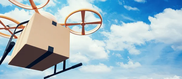 Photo Yellow Generic Design Modern Remote Control Air Drone Flying Empty Craft Box Under Urban Surface.Blue Sky Clouds Background.Express Fast Delivery Service.Left Angle View.Film Effect 3D rendering — Stock Photo, Image