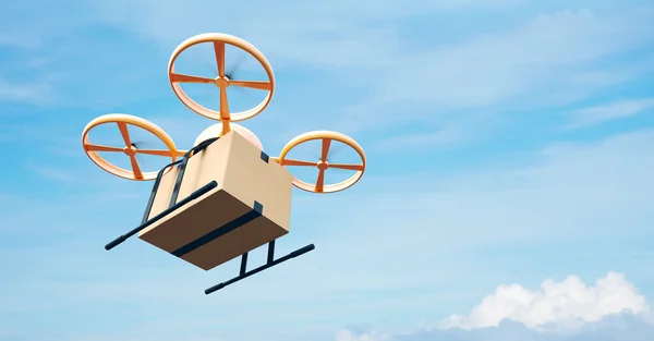 Photo Yellow Generic Design Modern Remote Control Air Drone Flying Empty Craft Box Under Urban Surface.Blue Sky Clouds Background.Express Fast Delivery Service.Left Angle View.Film Effec 3D rendering — Stock Photo, Image