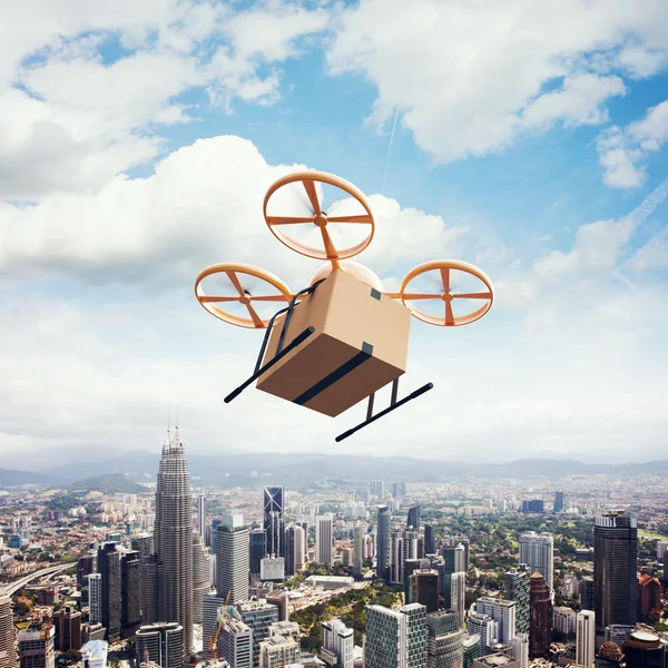 Photo Yellow Generic Design Remote Control Air Drone Flying Sky Empty Craft Box Under Urban Surface.Modern City Background.Global Logistic Express Delivery.Square,Top View.Film Effect.3D rendering. — Stock Photo, Image