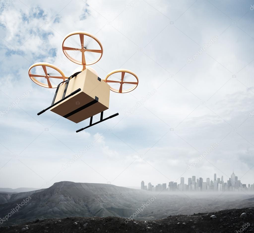 Photo Yellow Color Generic Design Remote Control Air Drone Flying Sky Blank Craft Box Under Earth Surface.Modern City Background.Global Logistic Express Delivery.Square,Bottom Angle View.3D rendering