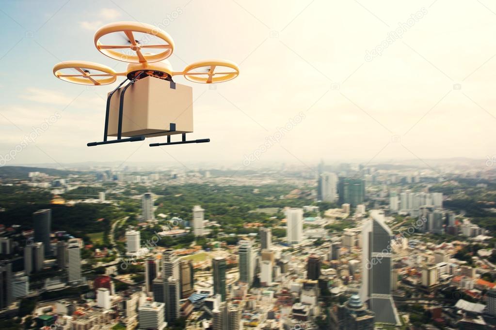 Photo Yellow Generic Design Remote Control Air Drone Flying Sky Empty Craft Box Under Urban Surface.Modern City Background.Post Fast Delivery.Horizontal,Left Side View.Film Effect.3D rendering