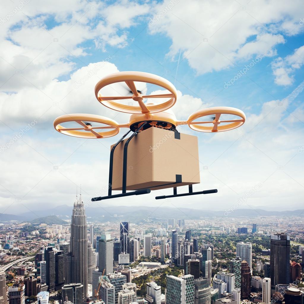 Photo Yellow Generic Design Remote Control Air Drone Flying Sky Empty Craft Box Under Urban Surface.Modern City Background.Online Goods Express Delivery.Square,Left Side View.Film Effect.3D rendering