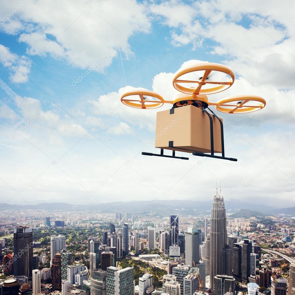 Photo Yellow Generic Design Remote Control Air Drone Flying Sky Empty Craft Box Under Urban Surface.Modern City Background.Online Orders Express Delivery.Square, Side View.Film Effect.3D rendering