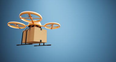 Fotoğraf Turuncu Renk Malzeme Genel Tasarım Uzaktan Kumanda Hava Drone Uçan Craft Box Boş Yüzey altında.Boş Mavi Background.Global Cargo Express Delivery.Wide,Sol Yan Açı Görünümü 3d render