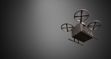 Karbon Malzeme Genel Tasarım Uzaktan Kumanda Hava Drone Boş Yüzey.Blank Gray Background.Global Cargo Express Delivery.Wide, Hareket Bulanıklaştırma etkisi altında Uçan Kara Kutu. Alt Açı Görünümü 3d render