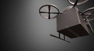 Karbon Malzeme Genel Tasarım Uzaktan Kumanda Hava Drone Boş Yüzey.Blank Gray Background.Global Cargo Express Delivery.Wide, Hareket Bulanıklaştırma etkisi altında Uçan Kara Kutu. Ön Alt Görünümü 3d render