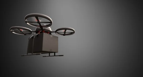 Foto Carbon Material generisches Design ferngesteuerte Luft Drohne fliegen Black Box unter leerer Oberflächen.blank grauer Hintergrund.Global Cargo Express Delivery.wide, linke Seitenansicht 3d Rendering — Stockfoto