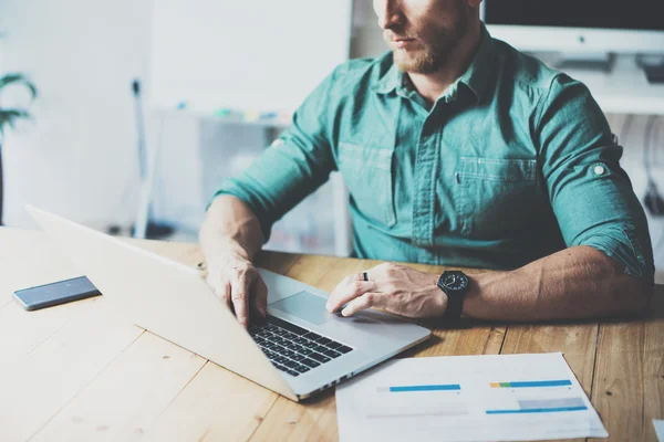 Department Analyst Working Wood Table Laptop Modern Interior Design Loft Place.Businessman Work Coworking Studio.Use Contemporary Notebook,typing keyboard.Blurred Background.Creative Business Startup. — Stock Photo, Image