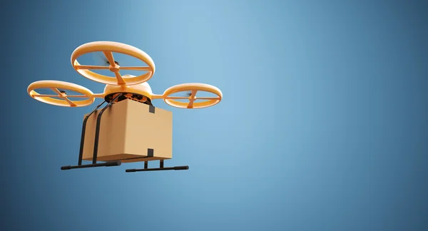 Foto orange färg material Generic design Fjärrkontroll Air Drone flygande hantverk låda under tom yta. tom blå bakgrund. global frakt Express leverans. bred, vänster sida vinkel Visa 3D-rendering — Stockfoto