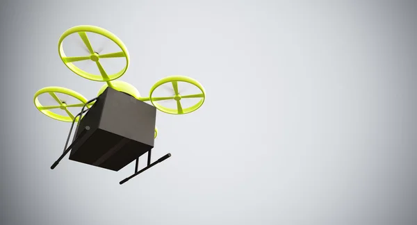 绿色材料通用设计遥控空中无人机飞行黑匣子在空面下.空白白色背景.全球货物快递.宽，运动模糊效果。底部视图 3D 渲染 — 图库照片