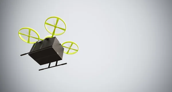 Green Color Material Generic Design Remote Control Air Drone Flying Black Box Under Empty Surface.Blank White Background.Global Cargo Express Delivery.Wide, Motion Blur.Left Side View 3D rendering — стоковое фото