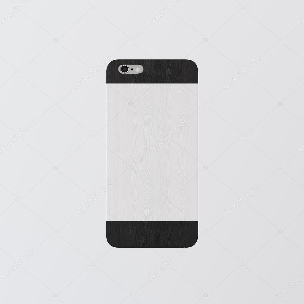 Closeup One Blank White Clean Template Cover Phone.Highly Textured Natural Wood Case Smartphone Mockup.Generic Design Mobile Back Isolated Empty Background.Corporate Logo Message.3d rendering