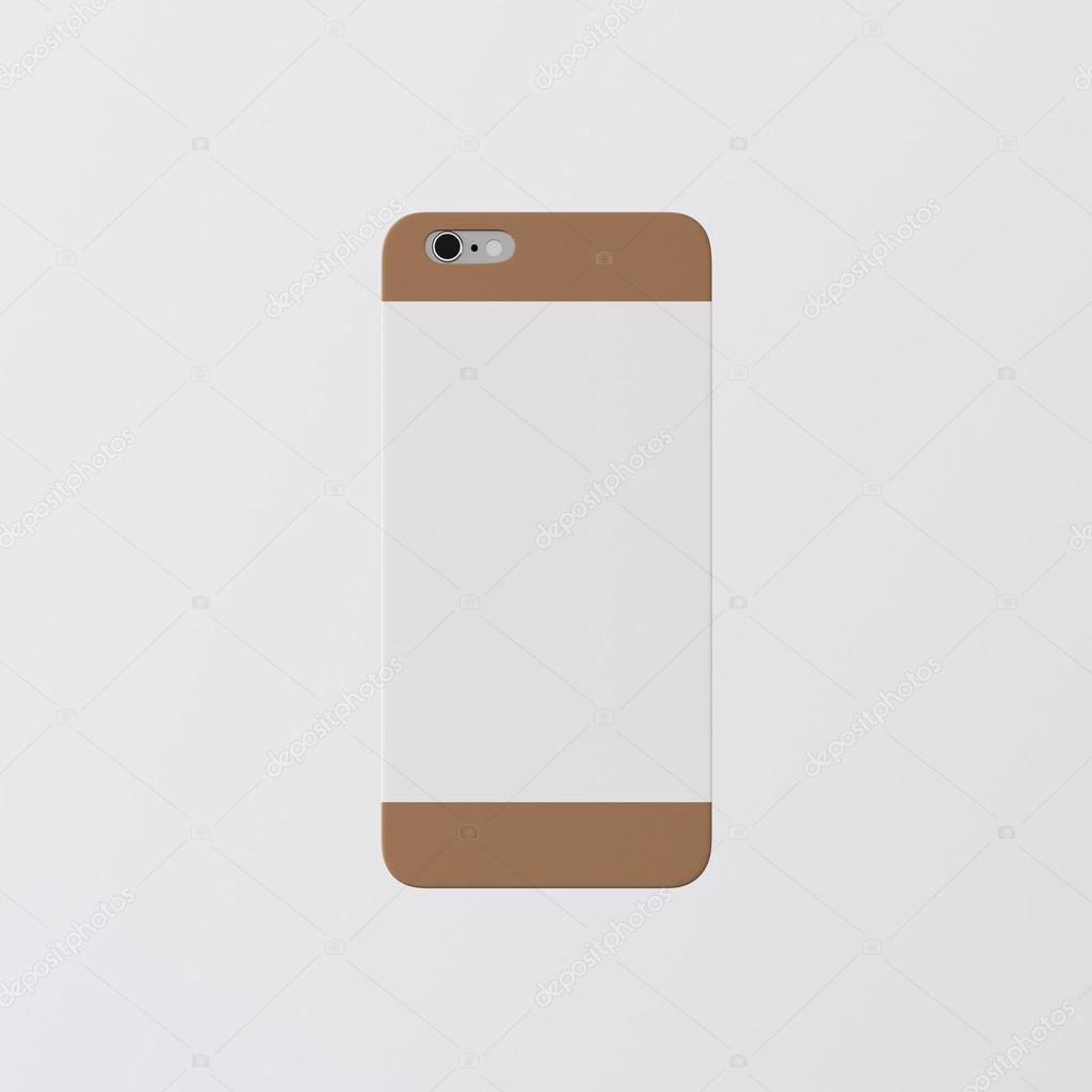 Closeup One Blank Brown Clean Template Cover Phone Case Smartphone Mockup.Generic Design Mobile Back Isolated Empty Background.Ready Corporate Logo White Label Message.3d rendering