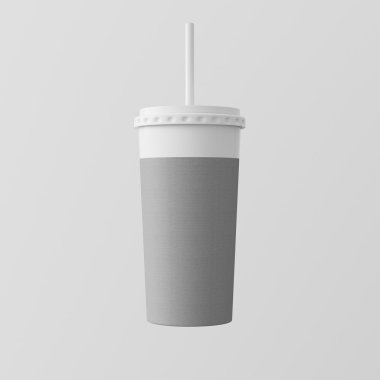 Close-up Bir Boş Gri Kraft Smoothies Kupası İzole Beyaz Background.Take Away Kokteyl Kupa Kapalı Cap Tube Top.Retail Mockup Sunum Hazır İş Message.Square. 3d render.