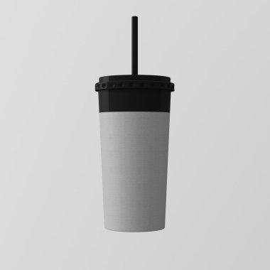Close-up Bir Boş Gri Karton Smoothies Kupası İzole Beyaz Background.Take Away Kokteyl Kupa Kapalı Siyah Kap Tube Top.Retail Mockup Sunum Hazır İş Message.Square. 3d render.