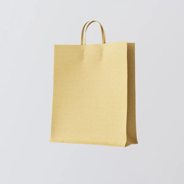 Closeup Kraft Paper Bag Isolated Center White Empty Background.Mockup Highly Detailed Texture Materials.Space for Business Message Sales. Square. 3D rendering. — Stock Photo, Image