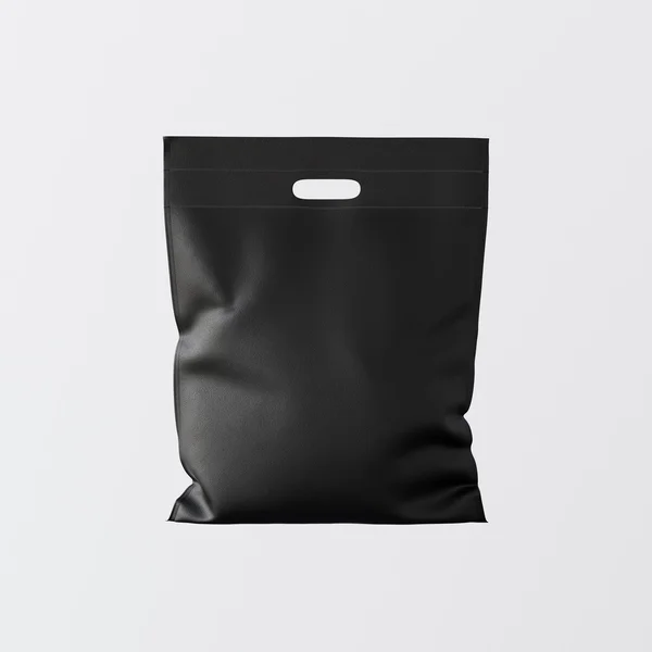 Closeup Black Color Leather Small Bag Isolated Center White Empty Background.Mockup Highly Detailed Texture Materials.Space for Business Text Message. Square. 3D rendering. — Stock Photo, Image